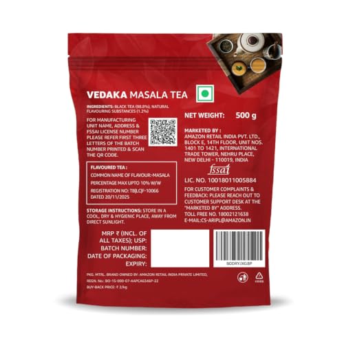 Image of Amazon Brand - Vedaka Masala Tea 500 g | Assam & Darjeeling Blend | Rich Aroma & Strong Flavour | Natural Spice Mix | Perfect for Milk Tea