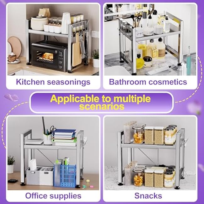Extendable Microwave Oven Rack, Microwave Shelf Adjustable Over Microwave Stand Countertop 2-Tier Stainless Steel Organizing Rack with 4 Hooks for Kitchen Utensils Tableware Storage