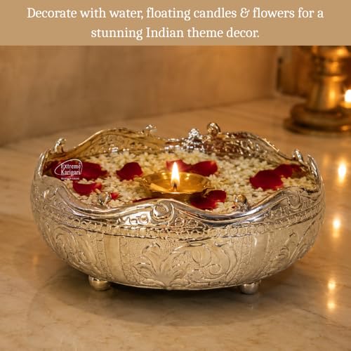 Image of Decorative Embossed Urli German Silver Bowl | Aluminium Urli Pot for Floating Flowers and Tea Light Candles Home Office Diwali Decoration Items Medium 10inch