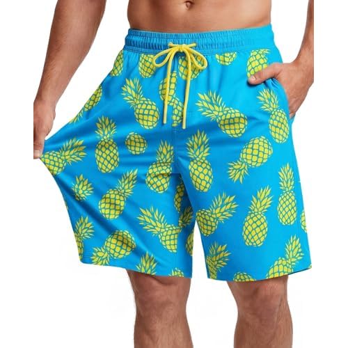 9 Inch Men Swim Trunks with Mesh Lining Breathable Quick Dry Drawstring Pockets for Summer Beach Travel Cruise Medium Blue Pineapple