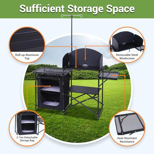 Nice C Camping Kitchen Station, Picnic Portable Grill Table, Folding Cook Station Organizers, with Upgrade Light Stand, Windshield, Carry Bag for Outdoor, Beach, Picnic (Black) by Nice C - Image 3