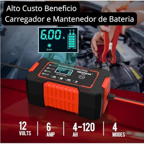 Carregador Bateria Inteligente 12V, Carregador Automatotivo 4Ah-168Ah, Proteção Contra Sobretensão e