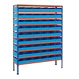 BiGDUG Shelving with Correx® Bins- 54x Blue Flat Pack Plastic Parts Bins - Blue & Orange Shelving Unit - 160h x 120w x 30.5d cm Shelving Bay - Up To 70kg UDL Per Shelf-Open Front For Easy Pick