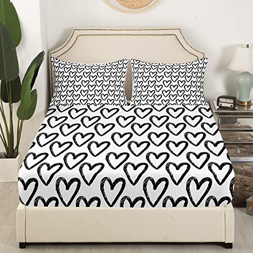 Love Sheet Set Heart Shaped Bed Sheets,Black And White Lattice Fitted Sheet Buffalo Plaid Geometric Grid Top Sheet For Women Men Girls Teens Love Heart Kawaii Room Decor Queen #TOP2