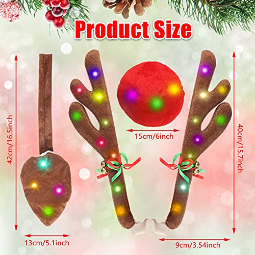 Reindeer Antlers For Cars, Reindeer Christmas Antlers Car Kit With Led Lights, Reindeer Car Kit Antlers, Nose, Tail, Top & Grille Rudolph Reindeer Jingle Bell Christmas Decorations For Car Motorcycle #TOP1