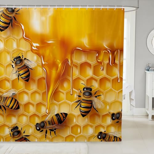 Image of Feelyou Honeycomb Bathroom Shower Curtain Set Cute Bees Shower Curtain Beehive Hexagon Bath Curtain for Stalls Bathtubs Geometrics Microfiber Waterproof Bathroom Curtains Room Decor 72x72 Inch