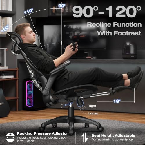 Image of ELABEST X100 Ergonomic Mesh Office Chair with Footrest, Big and Tall Home Desk Chair with 5D Flip-Up Arms, Adjustable 3D Lumbar Support, Gaming & Executive Computer Chair, Night Reaper