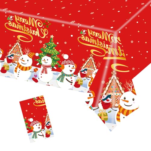 POPOYU Mantel Navideño Rectangular 137x274 cm, Árbol y Muñeco de Nieve, Impermeable Antimanchas para Fiestas, Decoración de Mesa y Casa