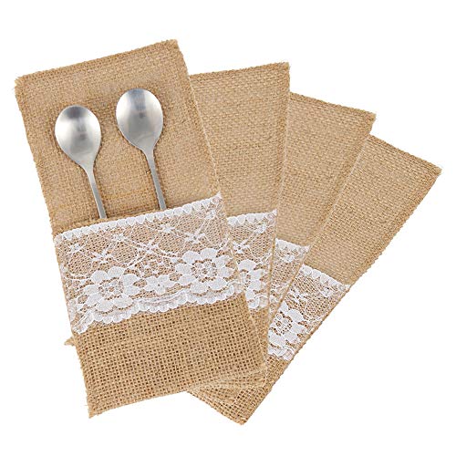 Enjoygoeu Willkey Lot de 50 sacs à couverts en toile de jute vintage en dentelle pour mariage Cover