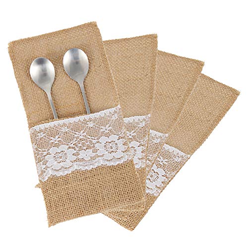 Willkey Besteckbeutel, Segeltuch, Jute und Spitze, Besteckbeutel, rustikal, rustikal, Besteckhalter, Vintage, Tischdekoration für Hochzeit, Party, Abendessen, 50 pcs