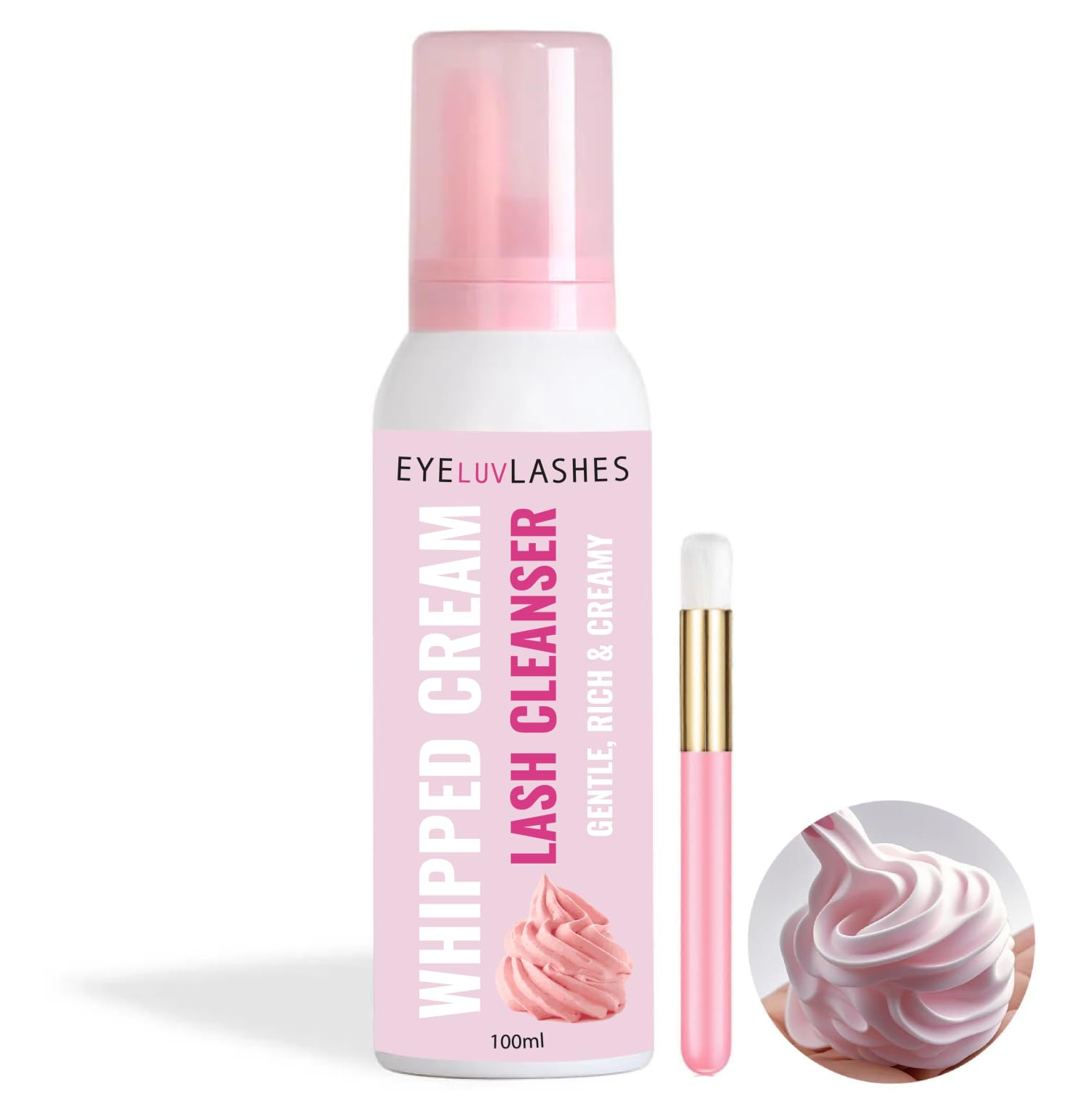 100ml Whipped Lash Shampoo with Cleanser Brush for Lashes Brows Lash Cream Mousse Eyelash Shampoo Vegan Oil Free Daily Cleanser Natural Lashes Brows Lash Lift Brow Lamination Extensions (Pink Mousse) - Image 3