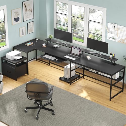 SEDETA U Shaped Desk, Reversible L Shaped Home Office Desk with File Drawer & Power Outlet, 101.5'' Computer Desk with Monitor Shelf, Keyboard Tray and Printer Storage Shelves, Gaming Desk, Black