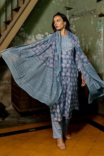 Image of MIRCHI FASHION Women's Straight Fit Pure Cotton Printed Kurta Set with Dupatta and Trouser
