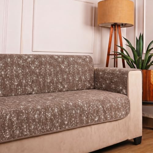 Image of STITCHNEST 'Opulence Series' Floral Woven Sofa Cover for 3 Seater | Premium Soft Fabric Sofa Protector | Beige Floral Pattern with Armrest Pockets | Durable Living Room Furniture Cover