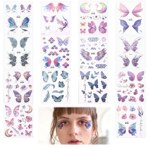 14 Folhas tatuagens falsas borboleta temporárias autocolantes faciais brilho maquilhagem vara sardas falsas carnaval fada cara jóias tatuagens purpurina decorações de Halloween