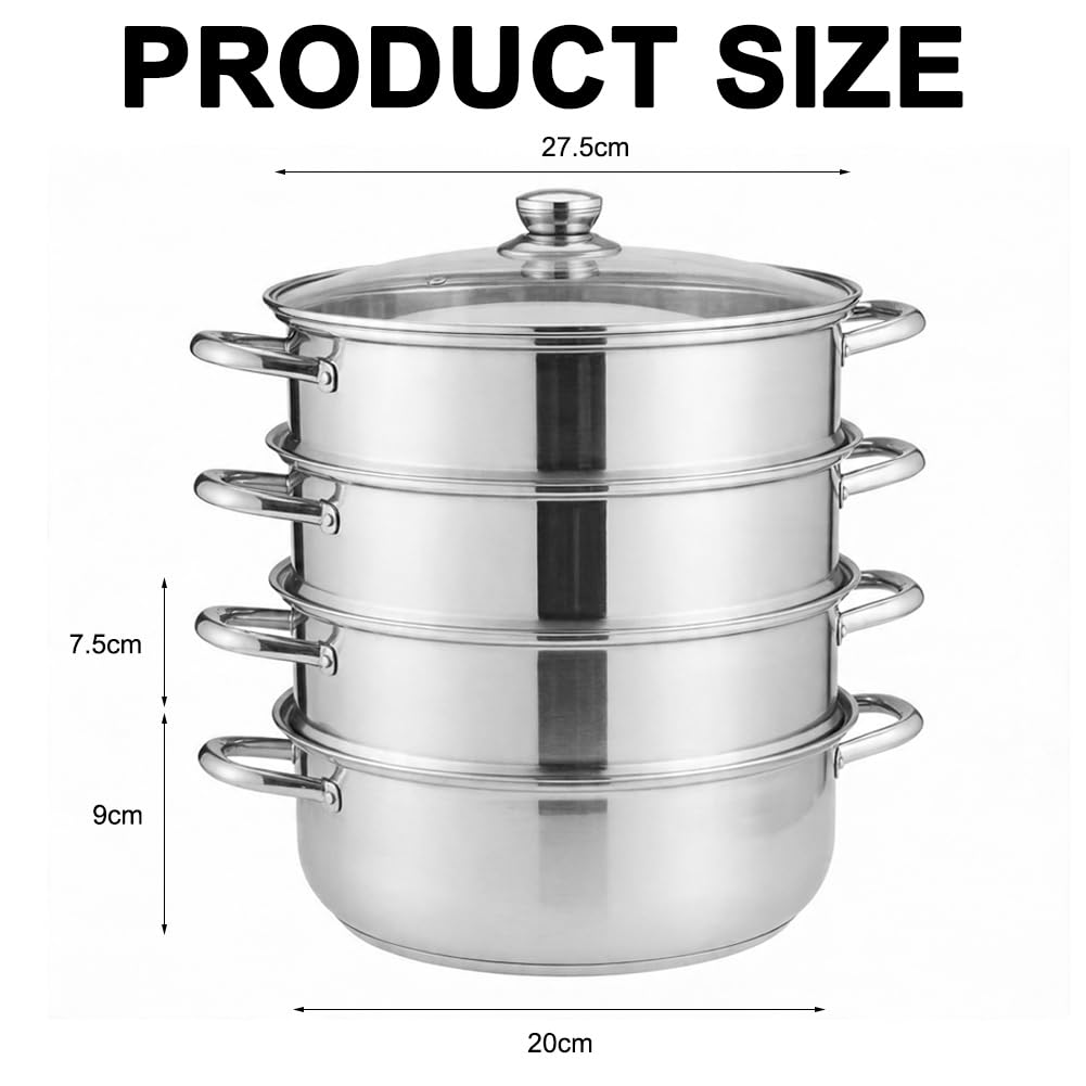 CEWROM Vaporera para cocinar al vapor, 28 cm, acero inoxidable, con inserto de vapor, 3/4 pisos con tapa de cristal para cocinar verduras, mariscos, sopas, guisos y pasta (4 niveles)