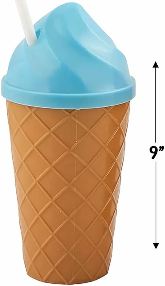Fun Express 12 Pieces Ice Cream-Shaped Cups with Straws, Holds 14 oz, BPA Free Plastic, Birthday Party Supplies, Multi-Color