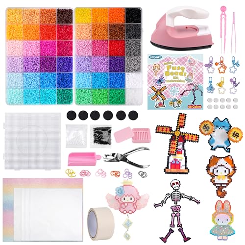 JelyArt Set di 23 000 perline da stiro - 48 colori - 2,6 mm - Con mini ferro da stiro e film con paillettes - Con modelli rotanti, carta da stiro e accessori - Perfetto per il pixel, le