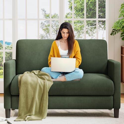 Loveseat Sofa, 51″ Love Seat, Comfy Corduroy Small Loveseat for Small Spaces, Tool-Free Setup Couch for Bedroom, All-Wood Couches for Living Room, No Pillow Included, Green