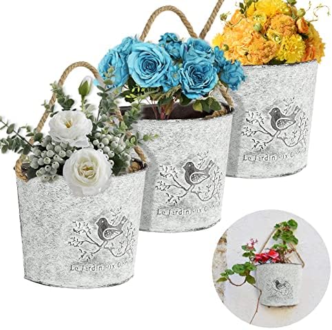 3 Pcs Farmhouse Metal Wall Planter - Rustic Hanging Vase Decor, Outdoor Galvanized Country Artificial Plants Flowers Box Holder Pocket, Garden Balcony Home Chic Decoration