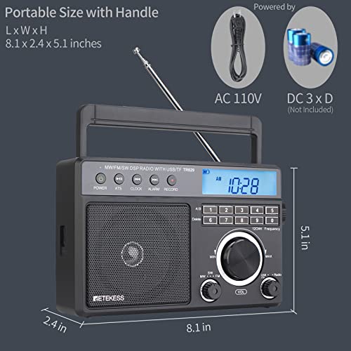 Retekess TR629 Portable Shortwave Radios, Digital Radio AM FM Plug in with DSP, Support Backlight LCD Display, Digital Tuning and Preset, USB, Micro SD, Clock, Recorder by Retekess - Image 6