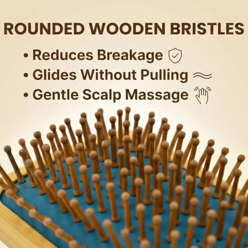Image of Heff Bamboo Hair Brush, Teal, Wooden Bristles Paddle Brush, 9.5 Inches x 3.3 Inches