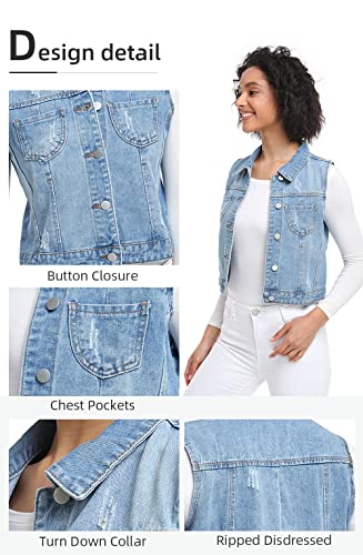 Xeoxarel Women's Denim Vest, Sleeveless Jean Jacket, Classic Crop Distressed Buttoned Washed Chest Pockets (Blue, Large) #TOP5