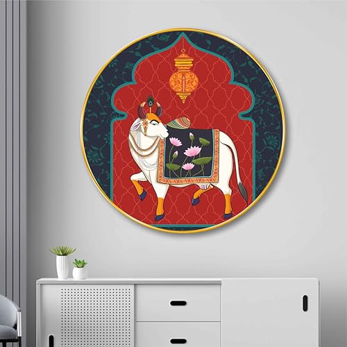 Image of SAF Round Sacred Cow Wall Painting - Golden Frame | Divine Pooja Room Wall Art with Lotus Motif | Traditional Hindu Religious Decor for Home Temple Living Room Gift