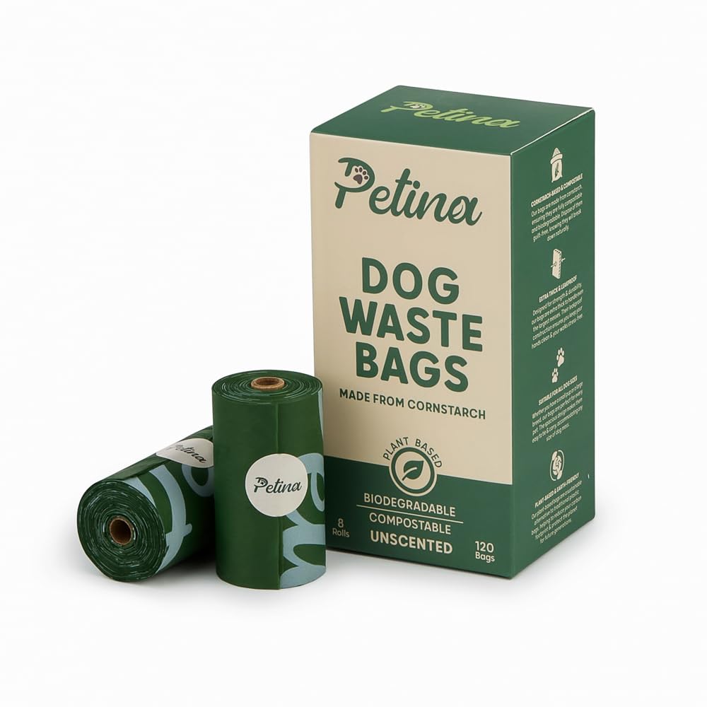 Petina 100% Compostable Dog poo bags - Planet Friendly, Biodegradable, Plant Based Dog Poop Bags Rolls - Eco-Friendly Poo Bags for a Sustainable Future (120 bags/8 Rolls) 120 count (Pack of 1)
