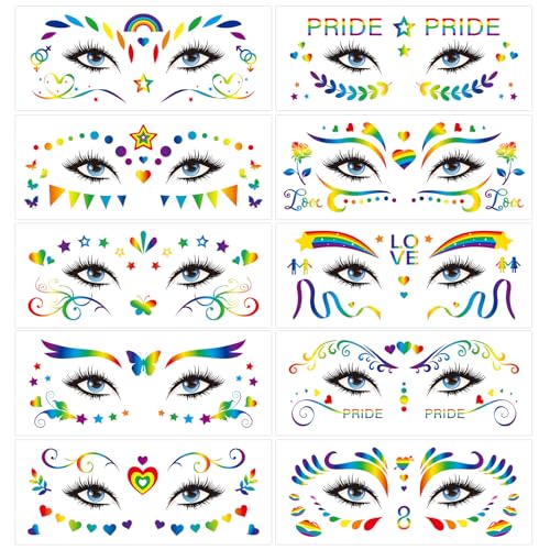 HAKOTOM 10 pcs Regenbogen Tattoo LGBT Temporäres Glitter Gesichtstattoo Pride Tattoos LGBT Stickers für Kinder Erwachsene Gesicht Sommer Motto Party Pride Party Pride Parades Karneval