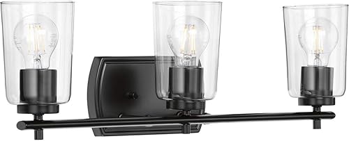 Progress Lighting Adley Collection - Lámpara de tocador de baño tradicional con 3 luces, de cristal transparente, color negro mate, 7-58 x 23
