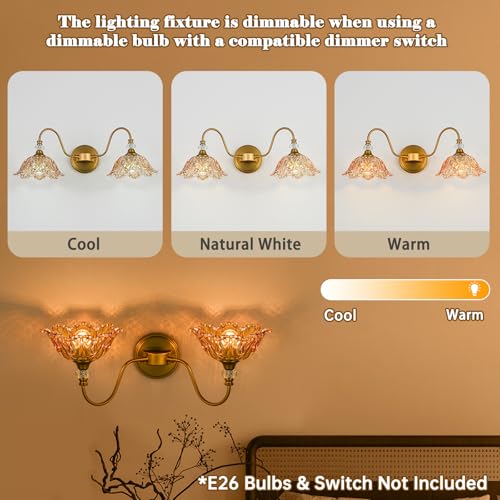 Image of Vintage Bathroom Vanity Light, 2-Light Matte Brass Finish Vanity Light with Floral Amber Glass Shades, Retro Wall Sconce for Bathroom, Dressing Table