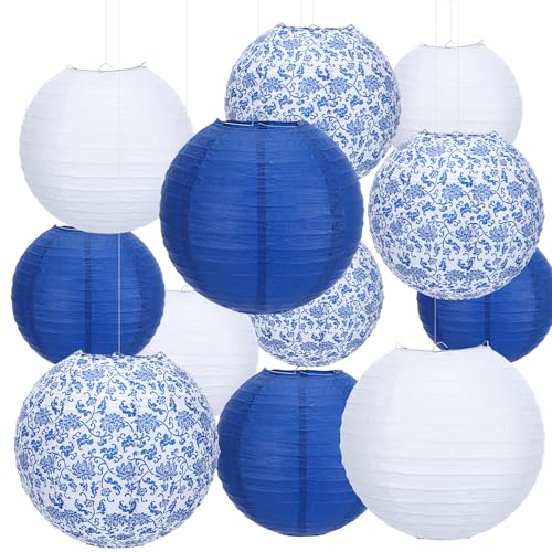 Riakrum 18 Pcs Chinoiserie Paper Lantern Set 10" 8" Blue