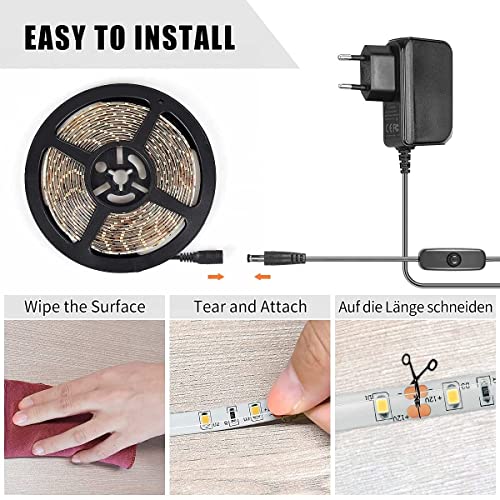 DeepDream LED Strip 5M, Wasserdicht Warmweiß 3000K LED Streifen, 12V Selbstklebend, LED Band Lichtband Mit Netzteil für Innen Heim Küche Deko