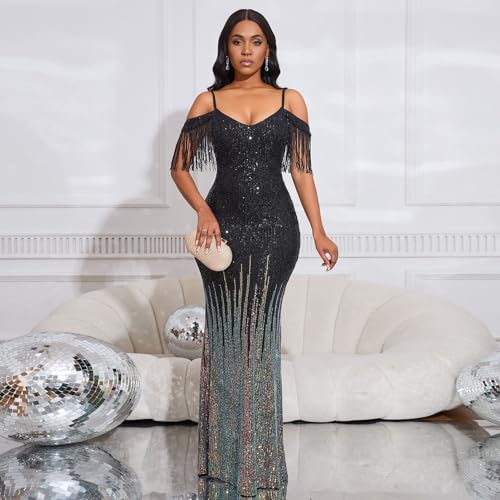 Cololura Women Sexy Sequin Tassel Off Shoulder Halter Bodycon Maxi Dress Party Evening Gown Formal Dress2
