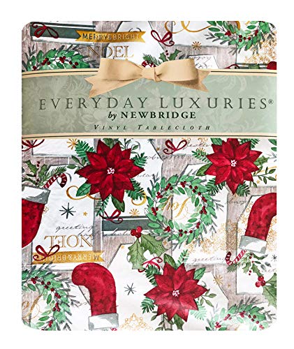 Free Shipping Offer Newbridge Merry Christmas Stocking Holiday Vinyl Flannel Backed Tablecloth - Noel Christmas Wreath, Festive Seasons Greetings Print Wipe Clean Easy Care Xmas Tablecloth, 52” x 70” Oblong/Rectangle