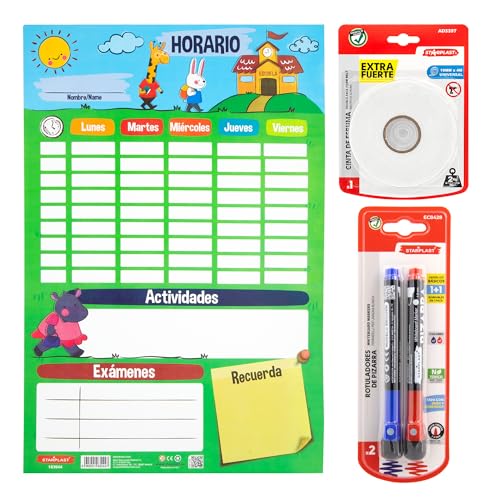 Starplast Pack Lámina Educativa Horario Escolar - Horario 40x60cm, Cinta doble cara extra fuerte 4mx18mm, 2 Rotuladores pizarra Azul y Rojo, planificador semanal, actividades y exámenes.