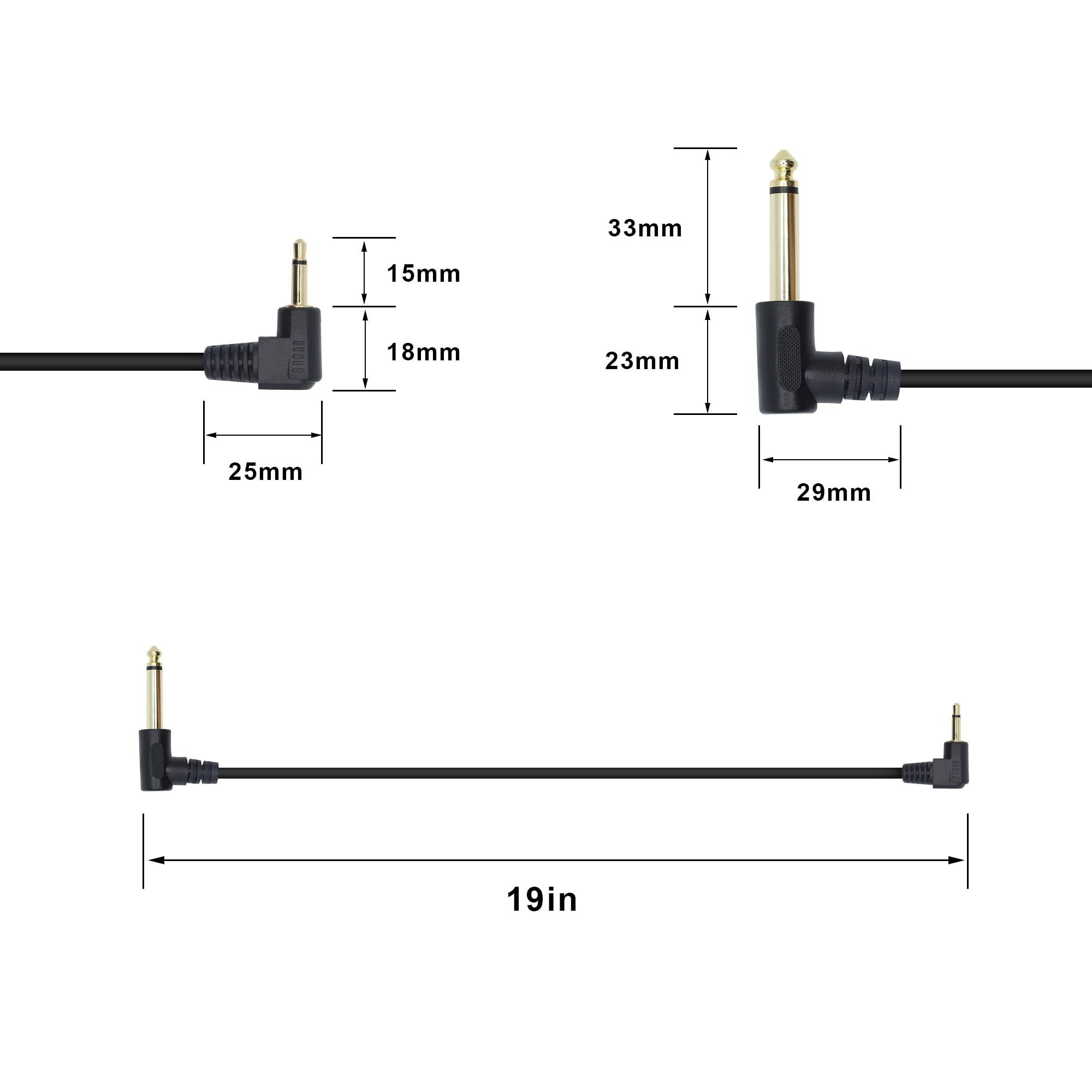 Cable TS de 90 grados 1/8 a 1/4 TS, ángulo recto de 3,5 mm mono macho a 1/4 mono macho, cable de audio para guitarra, portátil, altavoz, amplificadores (19 pulgadas)