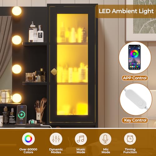 BTHFST Makeup Vanity Desk with Mirror and Lights, Black Vanity with Ambient Light & Charging Station, Vanity Table with Drawers & Shelves & Dresser, Makeup Table with Storage Cabinet