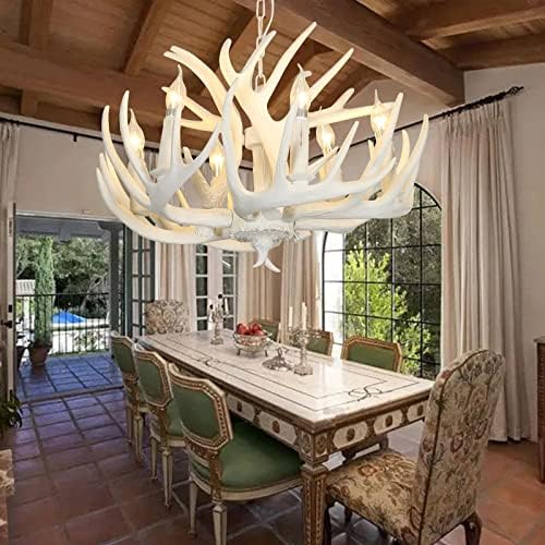 OJZZG White Antler Chandelier 6 Lights, Resin Deer Horn Chandelier with E12 Base, Farmhouse Antler Light Fixtures for Dining Room, Living Room Bar Cafe Cabin (6 Lights White)