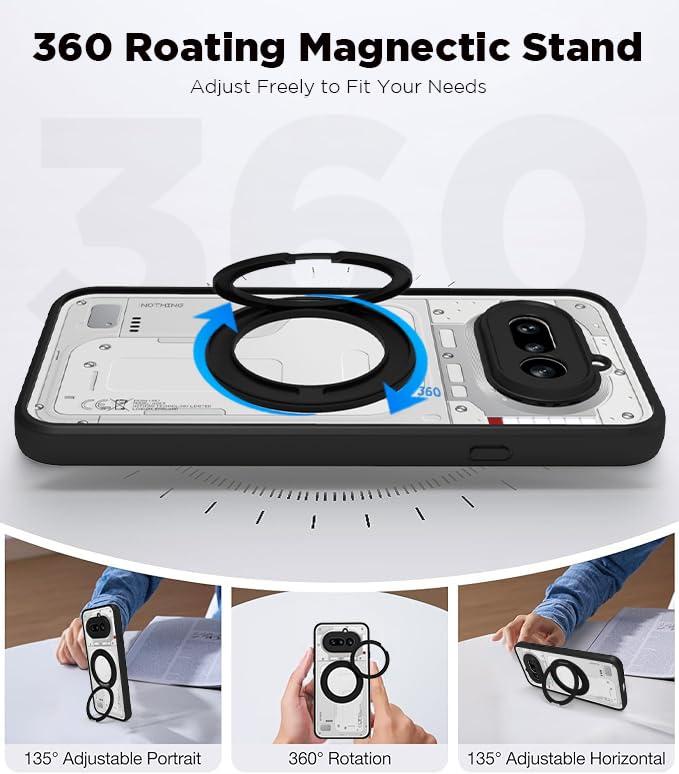 Image of RIGGEAR Shockproof Sleek Hybrid Armor 360 Rotating Magnetic Ring Stand Back Cover Case Compatible with MagSafe Accessories for Nothing Phone 4a 5G(Clear PC + Black TPU Bumper)