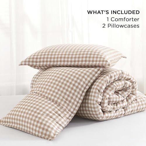Image of Andency Tan Gingham Comforter Set Full(79x90Inch), Brown Checkered Grid Plaid Buffalo Bed Set for Girls Boys Kids Teens, 3 Pieces Lightweight Polyester Geometric Preppy Bedding