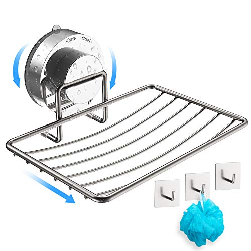 TONYTOWN Soap Dish - Powerful Vacuum Suction Cup Bar Soap Holder - No Drilling Waterproof & Rustproof Stainless Steel Soap Dish for Shower Bathroom Tub Kitchen & 3 Hooks