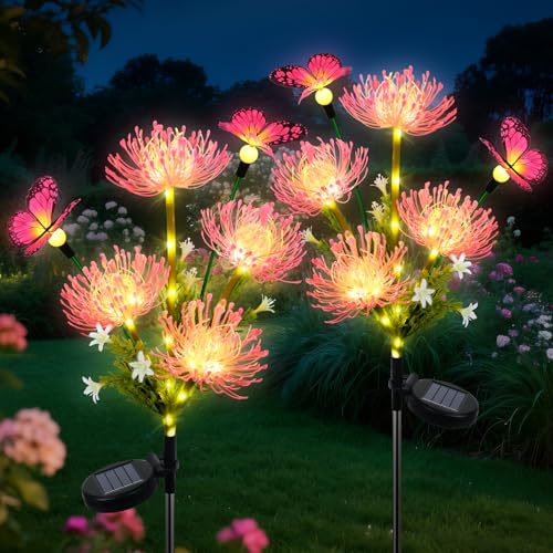 Fohil Lampe Solaire Exterieur Jardin, 2 Pièces 78 LED Lampes Solaires à Fleurs Avec Papillons, Étanche Lumiere Solaire Decoration Jardin Exterieur pour...