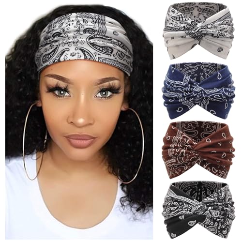 Image of DRESHOW 4 Pack Turban Headbands for Women Wide Vintage Head Wraps Knotted Cute Hair Band Accessories