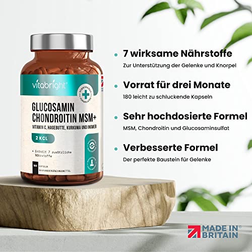 Glucosamin Chondroitin MSM Hochdosiert | 180 Kapseln | 3 Monate Vorrat | Kollagenbildung für Knochen & Knorpelfunktion | Mit Kurkuma, Ingwer & Hagebutte | VitaBright