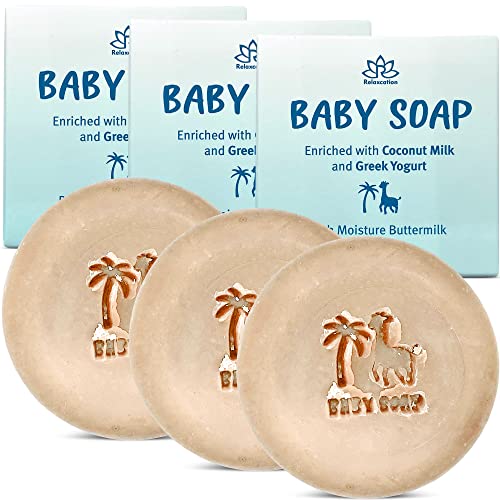 Relaxcation Baby Soap Bar with Mild Greek Yogurt and Coconut Milk - Naturally Cold Processed from Organic Ingredients - Newborn Gift - Handmade in USA (3-pack)