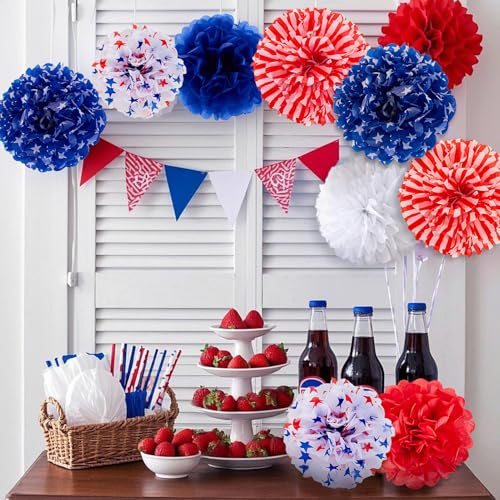 Image of 12 Pcs Patriotic Tissue Paper Pom Pom Flowers, Red White Blue 4th of July Party Decorations, Independence Day Memorial Day Backdrop Holiday Home Decor USA Flag Theme Party Supplies