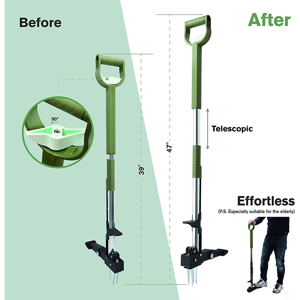 Extractor de malezas telescópico, longitud 99-119 cm, extractor de malas hierbas, herramienta de acero inoxidable, mango largo con 4 garras y placa de pie para plantas espinosas
