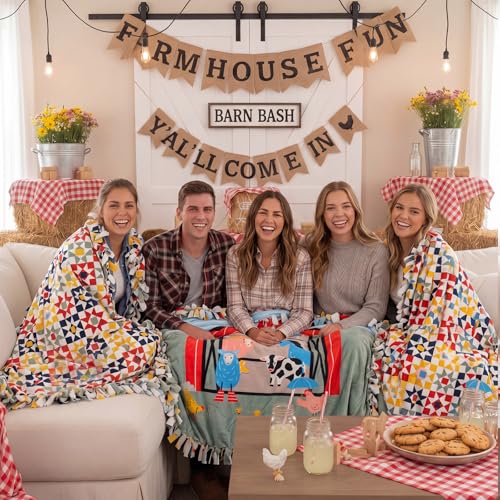 Image of Chumia 2 Pcs /1 Set Farm Animal DIY Tie Throw Blankets Farm Party Fleece No Sew Blanket Craft Kit 57 x 57 Inch Make Your Own Farmhouse Animals Blanket Farmhouse Animals Party Gifts for Bed Couch